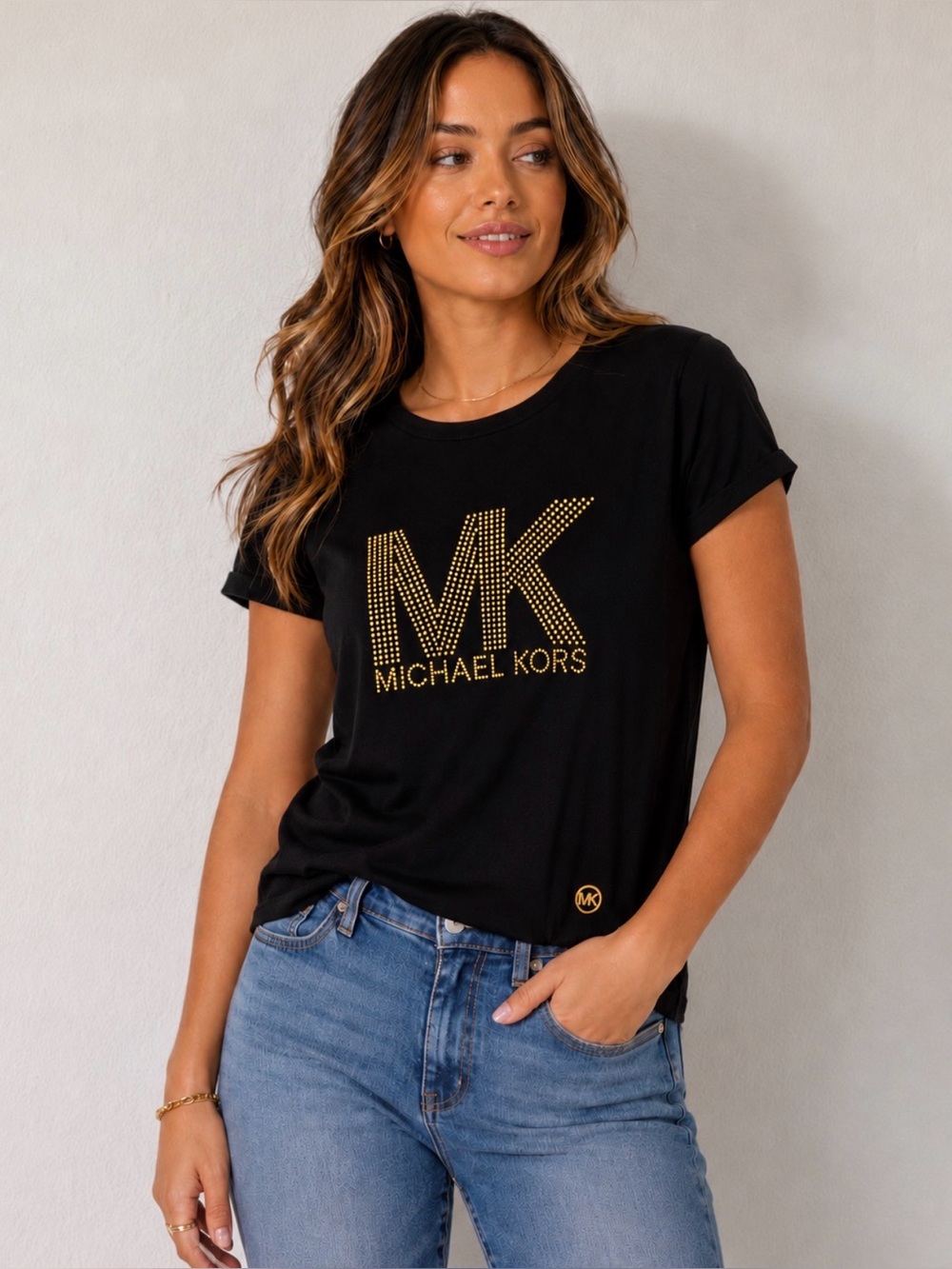 Michael Kors Women’s Black Tee Gold Studded MK Logo Short Sleeve size XS